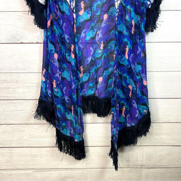 Maaji Multicolor Saddles Equestrian Print Fringe Kimono Swim Cover-up Retro Sz S - Picture 7 of 13
